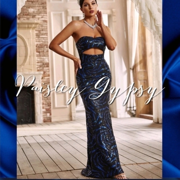 PREMIUM BRAND AND QUALITY GEOMETRIC SEQUINED STRAPLESS MERMAID MAXI DRESS - Picture 7 of 16